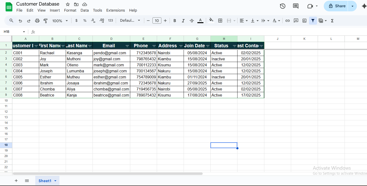 Customer database spreadsheet